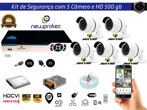 Kit Cftv 5 Câmeras Jortan AHD720P com Dvr 8ch 5x1 Full Hd + Hd500gb 100m cabo Coaxial e Fonte 5A - Newprotec Menor preço em Kit Cftv 5 Câmeras Jortan AHD720P com Dvr 8ch 5x1 Full Hd + Hd500gb 100m cabo Coaxial e Fonte 5A - Newprotec