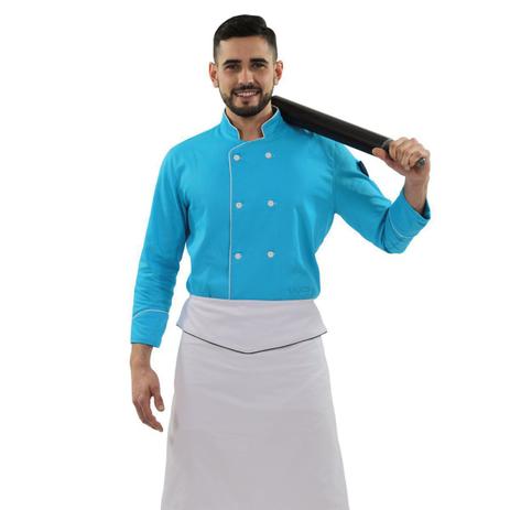 Kit Chef Dólmã Azul Caribe Unissex Avental de Cintura Branco - Wp confecções Menor preço em Kit Chef Dólmã Azul Caribe Unissex Avental de Cintura Branco - Wp confecções