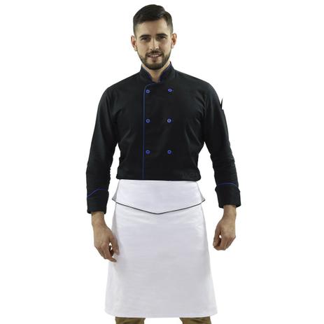 Kit Chef Dólmã Preto/Azul Unissex Avental de Cintura Branco - Wp confecções Menor preço em Kit Chef Dólmã Preto/Azul Unissex Avental de Cintura Branco - Wp confecções