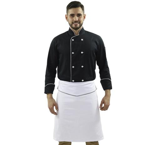 Kit Chef Uniforme Restaurante Dólmã Preta Unissex Avental Tipo Saia - Wp confecções Menor preço em Kit Chef Uniforme Restaurante Dólmã Preta Unissex Avental Tipo Saia - Wp confecções
