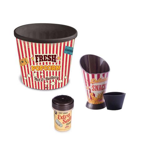 Kit Cinema Balde de Pipoca Saleiro e Copo Molheira Retrô 3pc - Plasutil Menor preço em Kit Cinema Balde de Pipoca Saleiro e Copo Molheira Retrô 3pc - Plasutil