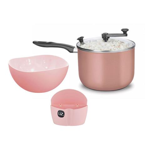 Kit Cinema Panela Pipoqueira Balde de Pipoca e Saleiro Rosa - Mta Menor preço em Kit Cinema Panela Pipoqueira Balde de Pipoca e Saleiro Rosa - Mta