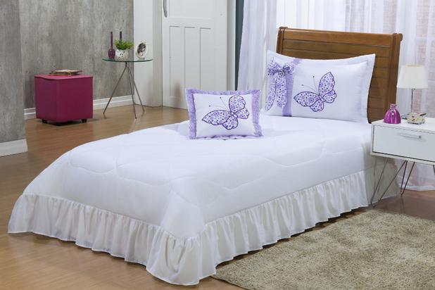 Kit Cobre Borboletas Solteiro 04 Peças Colcha - Branco com Lilás - Finos enxovais Menor preço em Kit Cobre Borboletas Solteiro 04 Peças Colcha - Branco com Lilás - Finos enxovais