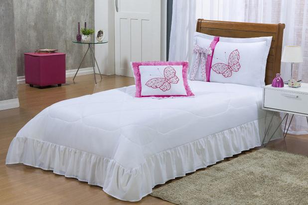 Kit Cobre Borboletas Solteiro 04 Peças Colcha - Branco com Pink - Finos enxovais Menor preço em Kit Cobre Borboletas Solteiro 04 Peças Colcha - Branco com Pink - Finos enxovais