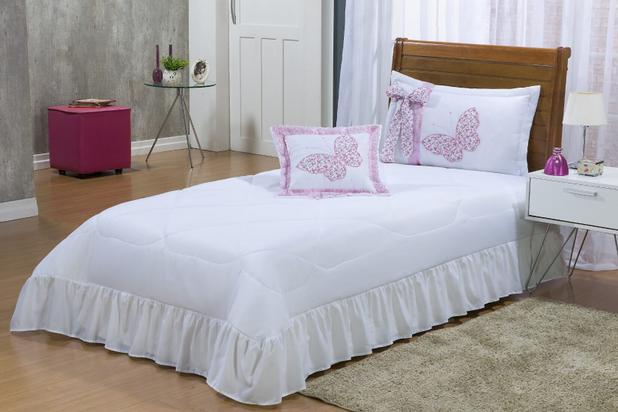 Kit Cobre Borboletas Solteiro 04 Peças Colcha - Branco com Rosa - Finos enxovais Menor preço em Kit Cobre Borboletas Solteiro 04 Peças Colcha - Branco com Rosa - Finos enxovais