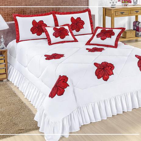 Kit Cobre Leito Casal Padrão Flory 7 Peças Colcha - Branco com vermelho - Bordados Finos