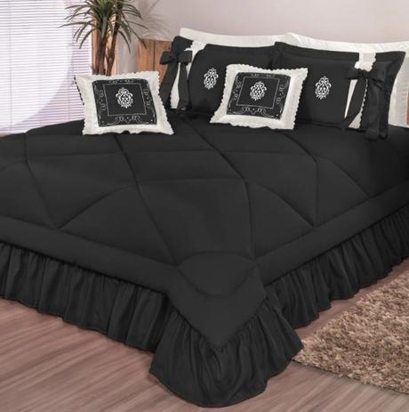 Kit Cobre Leito Casal Queen Esplendore Bordado 07 Peças Colcha - Preto - FINOS ENXOVAIS Menor preço em Kit Cobre Leito Casal Queen Esplendore Bordado 07 Peças Colcha - Preto - FINOS ENXOVAIS