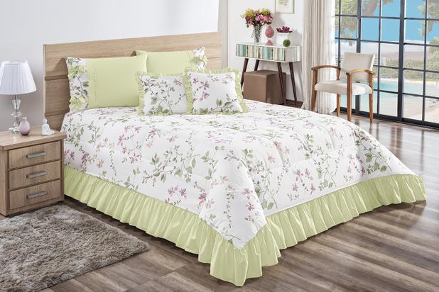 Kit Cobre Leito Primavera Floral King 7 Peças 140 Fios Verde - Linda casa Menor preço em Kit Cobre Leito Primavera Floral King 7 Peças 140 Fios Verde - Linda casa