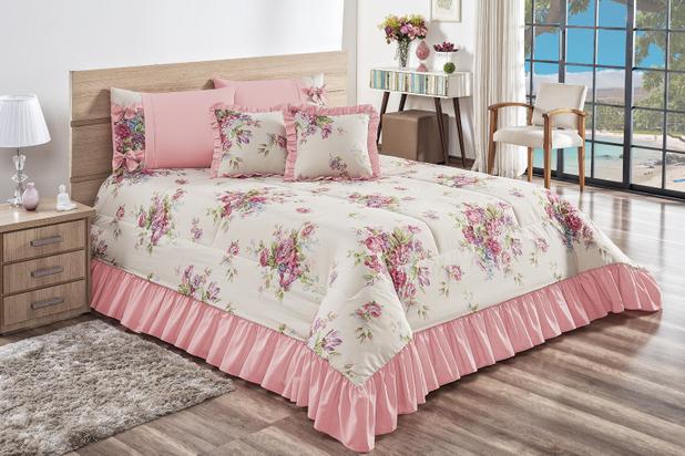 Kit Cobre Leito Primavera Floral Queen 7 Peças 140 Fios Rosa - Linda casa Menor preço em Kit Cobre Leito Primavera Floral Queen 7 Peças 140 Fios Rosa - Linda casa