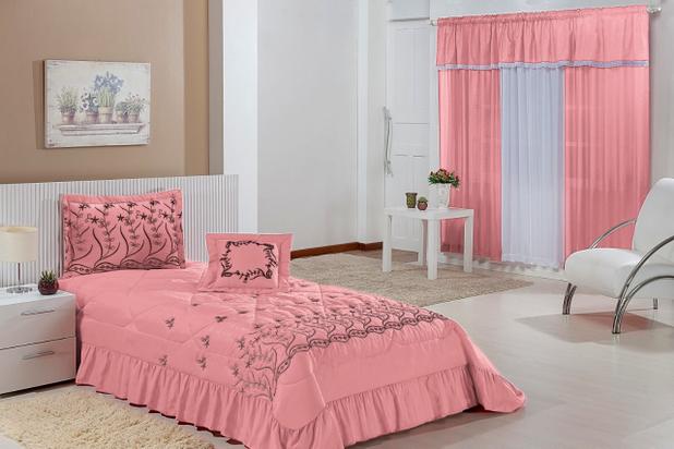 Kit Cobre Leito Solteiro Desejos 04 Peças Bordado com Cortina 2 mts - Salmão - Finos enxovais é ruim? Kit Cobre Leito Solteiro Desejos 04 Peças Bordado com Cortina 2 mts - Salmão - Finos enxovais é boa?