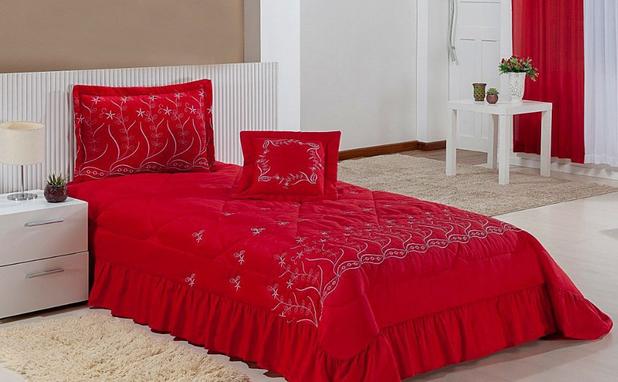 Kit Cobre Leito Solteiro Desejos 04 Peças Bordado - Vermelho - Finos enxovais é boa?