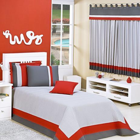Kit Cobre Leito Solteiro Stylo com Cortina para Varão 2 Metros 7 Peças - Cinza e Vermelho - Cor e brilhos Menor preço em Kit Cobre Leito Solteiro Stylo com Cortina para Varão 2 Metros 7 Peças - Cinza e Vermelho - Cor e brilhos