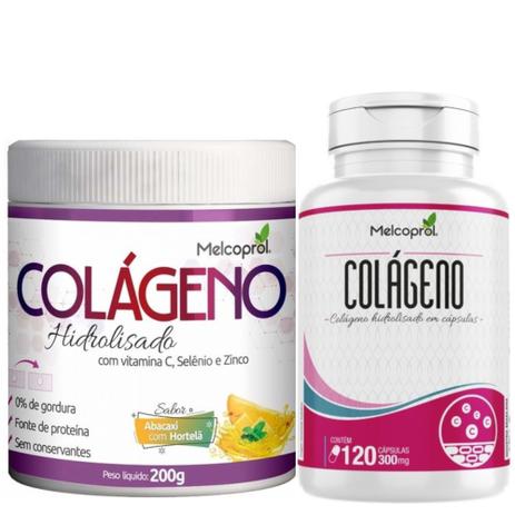 Kit Colágeno Hidrolisado 120 Cápsulas + Colágeno pó com Vitamina C, Selênio e Zinco Sabor Abacaxi com Hortelã Melcoprol Menor preço em Kit Colágeno Hidrolisado 120 Cápsulas + Colágeno pó com Vitamina C, Selênio e Zinco Sabor Abacaxi com Hortelã Melcoprol