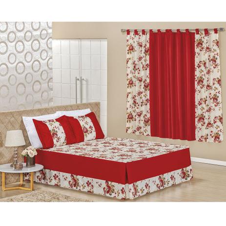 Kit Colcha Casal Padrão Valentina com Cortina para Varão 2,00 x 1,80 Metros - Vermelho Floral - Bia enxovais é boa?