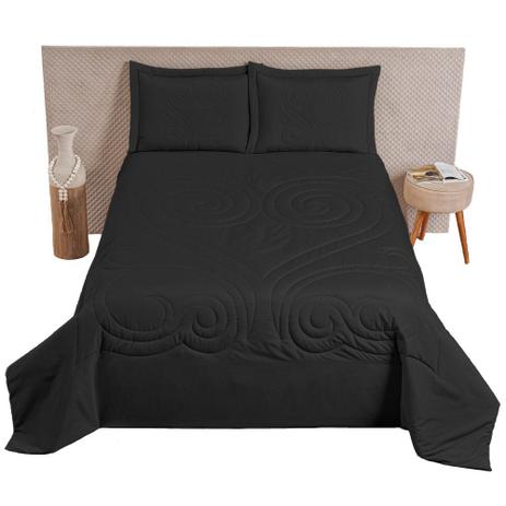 Menor preço em Kit Colcha Cobre Leito Queen 3 Peças Arabesco Bordado Dupla Face Preto - S.T Confecções