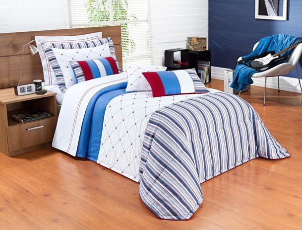 Kit Colcha(Colcha + Jogo de Lençol) Solteiro Kit Creta Percal 200 Fios Listrado com 11 peças - Bernadete casa é boa?