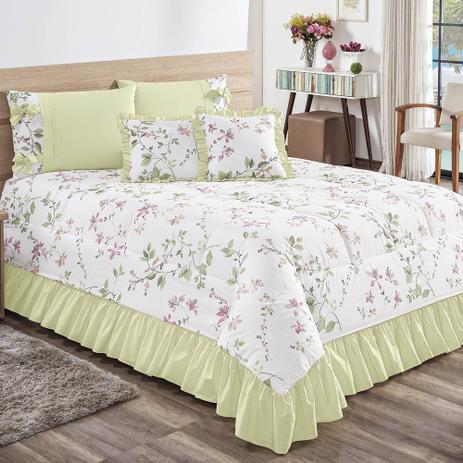 Kit Colcha King Estampada com Babado Envolto 5 Peças La Belle - Verde - Valle Menor preço em Kit Colcha King Estampada com Babado Envolto 5 Peças La Belle - Verde - Valle