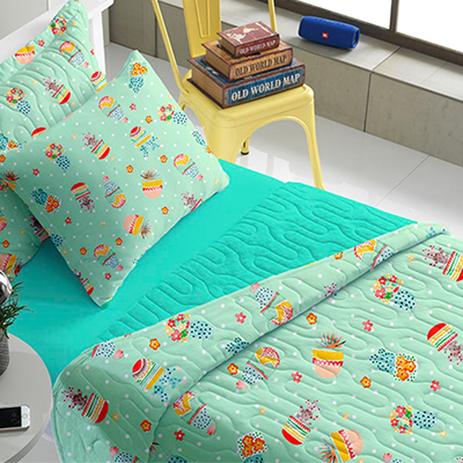 Kit Colcha Portallar Solteiro Malha Cactos Estampado Verde Menor preço em Kit Colcha Portallar Solteiro Malha Cactos Estampado Verde