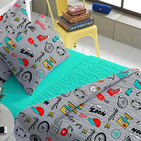 Kit Colcha Portallar Solteiro Malha Zaap Estampado Verde Menor preço em Kit Colcha Portallar Solteiro Malha Zaap Estampado Verde