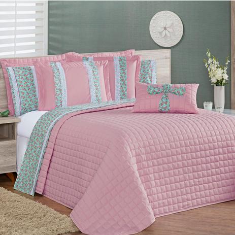 Kit Colcha Queen Elegance 5 Peças Percal Casaborda Rosa Menor preço em Kit Colcha Queen Elegance 5 Peças Percal Casaborda Rosa