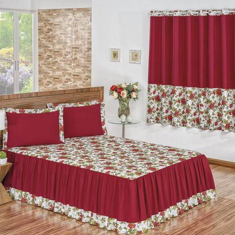 Kit Colcha Queen Estampada Alice + Cortina 2,00m - 4 Peças Vermelho - Valle Menor preço em Kit Colcha Queen Estampada Alice + Cortina 2,00m - 4 Peças Vermelho - Valle
