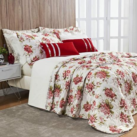 Kit Colcha Queen Floral 7 Peças Allegra Bernadete Casa Vermelho Menor preço em Kit Colcha Queen Floral 7 Peças Allegra Bernadete Casa Vermelho