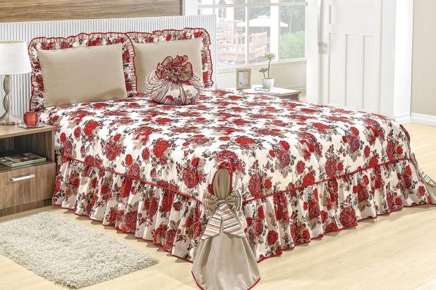 Kit Colcha Romance Babado Estampada King 160 Fios Vermelha - Linda casa Menor preço em Kit Colcha Romance Babado Estampada King 160 Fios Vermelha - Linda casa