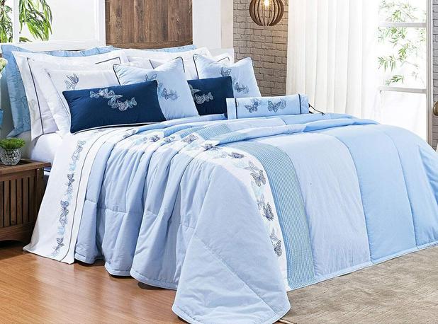 Kit Colcha Yandra Queen Borboletas cor Azul com 9 peças - Bernadete casa Menor preço em Kit Colcha Yandra Queen Borboletas cor Azul com 9 peças - Bernadete casa