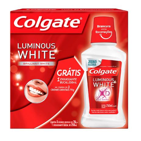 Kit Colgate Luminous White Creme Dental 70g 3 Unidades + Enxaguante Bucal 250ml Menor preço em Kit Colgate Luminous White Creme Dental 70g 3 Unidades + Enxaguante Bucal 250ml