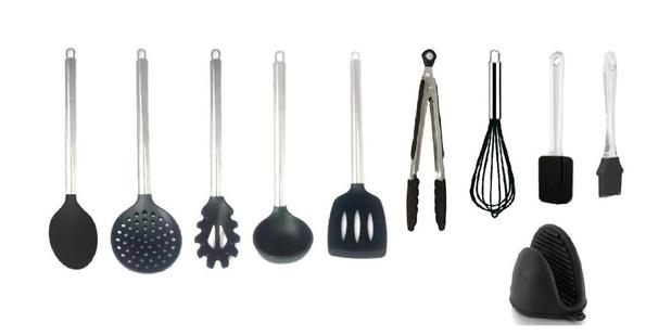 Kit Colheres Silicone Preto Cabo Inox 9 Pçs Utensílios+ Luva - Clink Menor preço em Kit Colheres Silicone Preto Cabo Inox 9 Pçs Utensílios+ Luva - Clink