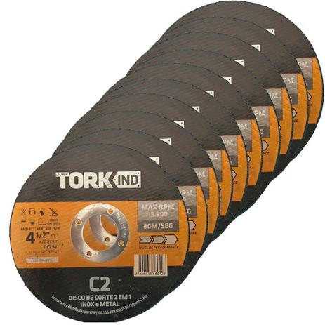 Kit com 10 Disco de Corte INOX e METAL 4.1/2X1.2X22.2MM - Tork Menor preço em Kit com 10 Disco de Corte INOX e METAL 4.1/2X1.2X22.2MM - Tork