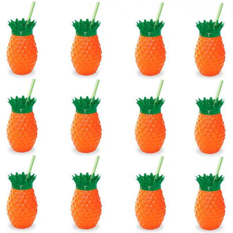 Kit com 12 Copos em Formato Abacaxi com Canudo 300ml Alaranjado Injetemp Menor preço em Kit com 12 Copos em Formato Abacaxi com Canudo 300ml Alaranjado Injetemp
