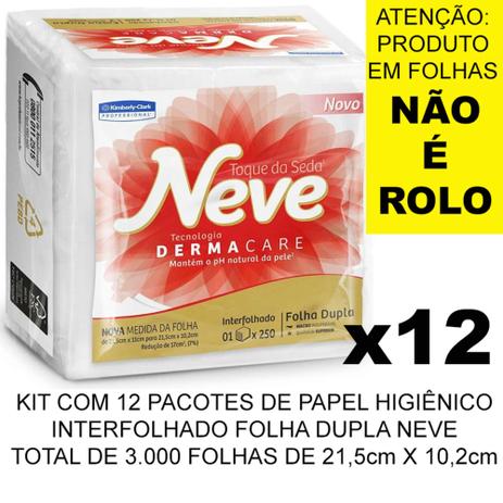 Kit com 12 pacotes papel higiênico branco interfolhado folha dupla Neve cada pacote com 250 folhas - Kimberly-Clark Menor preço em Kit com 12 pacotes papel higiênico branco interfolhado folha dupla Neve cada pacote com 250 folhas - Kimberly-Clark
