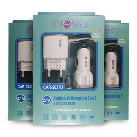 Kit com 12 und Carregador de Celular V8 e Veicular 2.1A 3 Saídas USB CAR2037D - Inova Menor preço em Kit com 12 und Carregador de Celular V8 e Veicular 2.1A 3 Saídas USB CAR2037D - Inova
