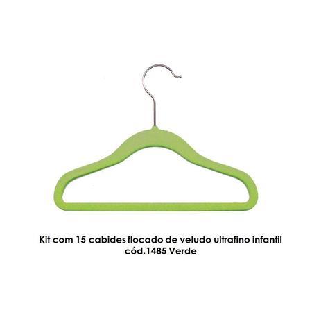 Kit com 15 cabides flocado de veludo ultrafino infantil cód.1485 Verde - Diego fiocco mariano Menor preço em Kit com 15 cabides flocado de veludo ultrafino infantil cód.1485 Verde - Diego fiocco mariano