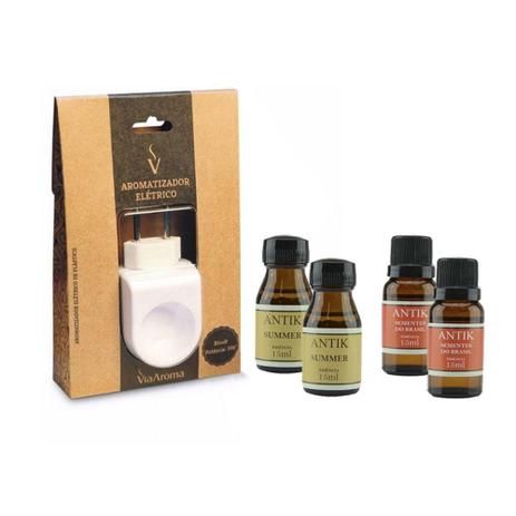Kit com 2 Essências Sementes do Brasil Antik + 2 Essências Summer Antik + 1 Aromatizador Elétrico Via Aroma Menor preço em Kit com 2 Essências Sementes do Brasil Antik + 2 Essências Summer Antik + 1 Aromatizador Elétrico Via Aroma