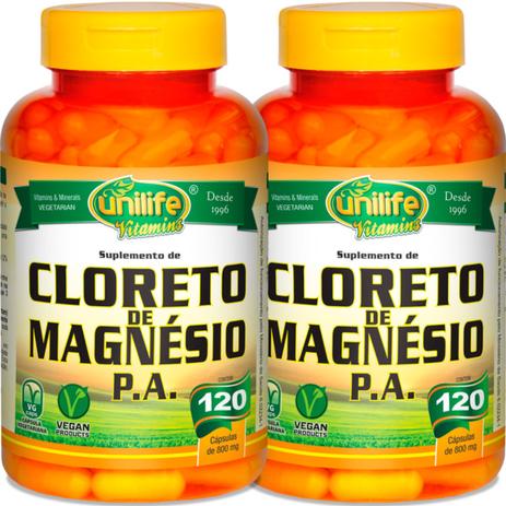 Kit com 2 Frascos de Cloreto de Magnésio P.A. Unilife 120 capsulas 800mg Menor preço em Kit com 2 Frascos de Cloreto de Magnésio P.A. Unilife 120 capsulas 800mg