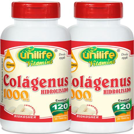 Kit com 2 Frascos de Colágenus Colágeno Hidrolisado + Vitamina C Unilife 120 Comp 1000mg Menor preço em Kit com 2 Frascos de Colágenus Colágeno Hidrolisado + Vitamina C Unilife 120 Comp 1000mg
