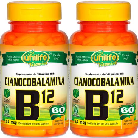 Kit com 2 Frascos de Vitamina B12 Cianocobalamina Unilife 60 Capsulas 450mg Menor preço em Kit com 2 Frascos de Vitamina B12 Cianocobalamina Unilife 60 Capsulas 450mg