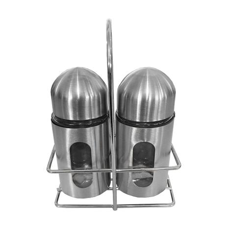 Kit Com 2 Porta Tempero Condimentos Inox + Suporte - Re Menor preço em Kit Com 2 Porta Tempero Condimentos Inox + Suporte - Re