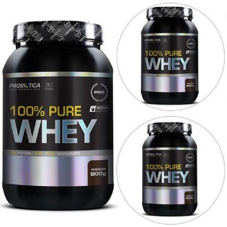Kit com 3 100 Pure Whey 900g Chocolate - Probiótica Menor preço em Kit com 3 100 Pure Whey 900g Chocolate - Probiótica