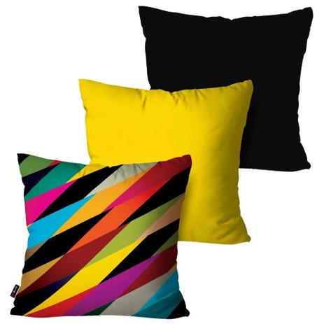 Kit com 3 Almofadas Decorativas Amarelo Faixas Coloridas - Pump up Menor preço em Kit com 3 Almofadas Decorativas Amarelo Faixas Coloridas - Pump up