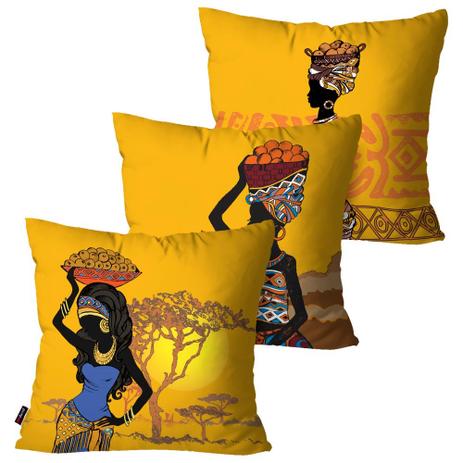 Kit com 3 Almofadas Decorativas Amarelo Mulheres Africanas - Pump Up Menor preço em Kit com 3 Almofadas Decorativas Amarelo Mulheres Africanas - Pump Up