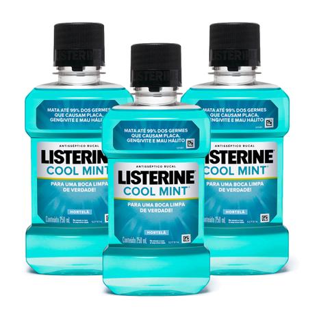 Kit com 3 Antissépticos Bucal Listerine Cool Mint 250ml Menor preço em Kit com 3 Antissépticos Bucal Listerine Cool Mint 250ml