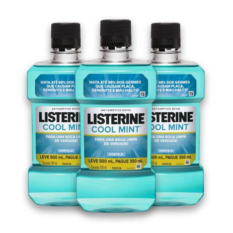 Kit com 3 Antissépticos Bucal LISTERINE Cool Mint Leve 500 ml e Pague 350 ml Menor preço em Kit com 3 Antissépticos Bucal LISTERINE Cool Mint Leve 500 ml e Pague 350 ml