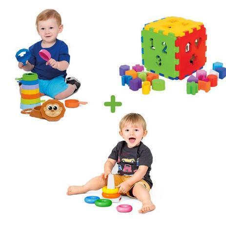 Kit Com 3 Brinquedos Educativos Para Bebês 1 Ano: Empilha Macaco + Cubo Didático + Argola Didática - Mercotoys/Poliplac Menor preço em Kit Com 3 Brinquedos Educativos Para Bebês 1 Ano: Empilha Macaco + Cubo Didático + Argola Didática - Mercotoys/Poliplac