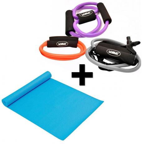 Kit com 3 Extensores Multi Funcao Tensao Media + Colchonete Azul Liveup Menor preço em Kit com 3 Extensores Multi Funcao Tensao Media + Colchonete Azul Liveup