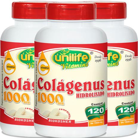 Kit com 3 Frascos de Colágenus Colágeno Hidrolisado + Vitamina C Unilife 120 Comp 1000mg Menor preço em Kit com 3 Frascos de Colágenus Colágeno Hidrolisado + Vitamina C Unilife 120 Comp 1000mg