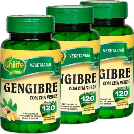 Kit com 3 Frascos de Gengibre Com Chá Verde Unilife 120 Comprimidos 400mg Menor preço em Kit com 3 Frascos de Gengibre Com Chá Verde Unilife 120 Comprimidos 400mg