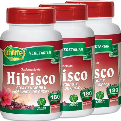 Kit com 3 Frascos de Hibisco com Gengibre Unilife 180 comprimidos 500mg Menor preço em Kit com 3 Frascos de Hibisco com Gengibre Unilife 180 comprimidos 500mg